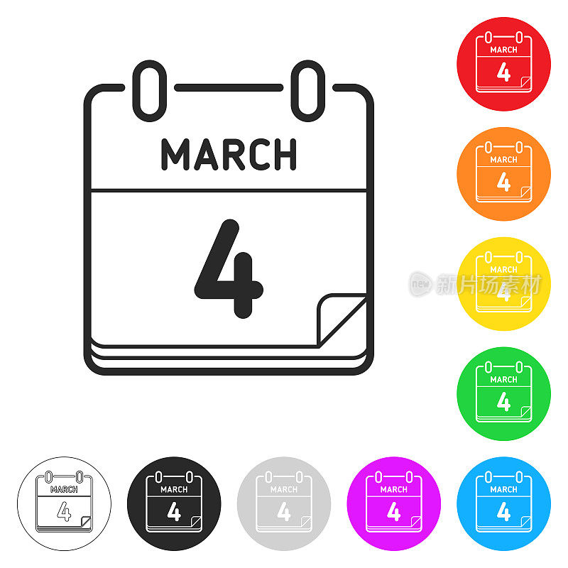 3月4日。按钮上不同颜色的平面图标