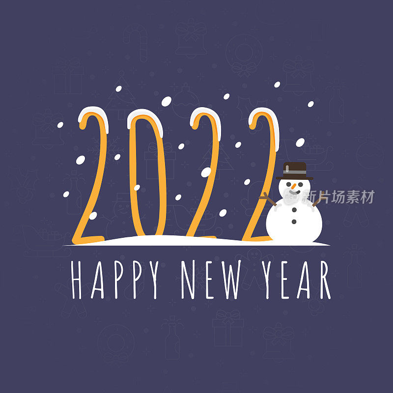 2022年新年快乐和彩色背景雪人平面设计。