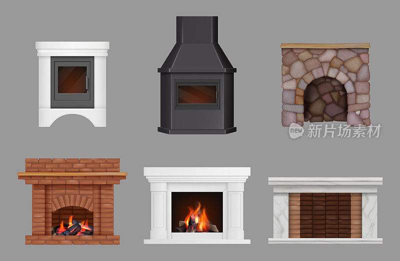 壁炉。砖装饰烟囱与火现代室内装饰体面矢量家庭现实的壁炉