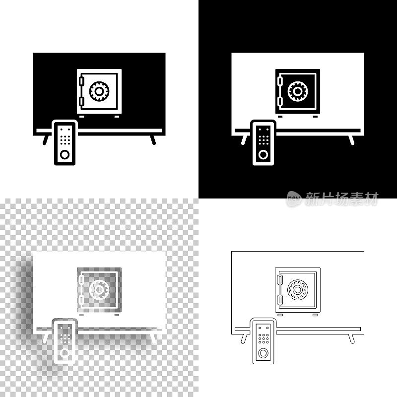 带保险箱的电视。图标设计。空白，白色和黑色背景-线图标