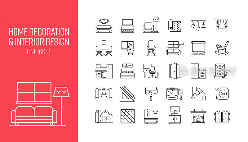 一套家庭装饰和室内设计相关的线条图标。大纲符号集合