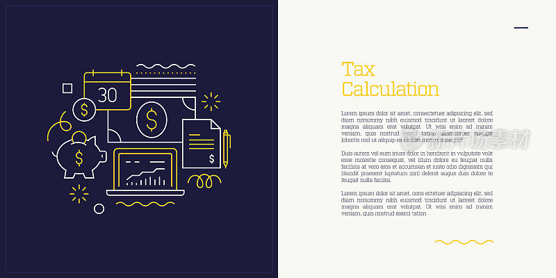 向量集说明纳税计算的概念。线条艺术风格的网页，横幅，海报，印刷等背景设计。矢量插图。