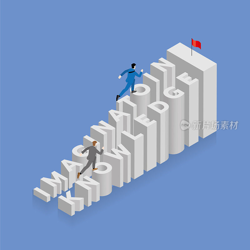 商人和竞争对手一起跑上楼梯，楼梯是单词想象力和知识，按字母顺序排列，顶部有一面红旗。商业竞争挑战理念。