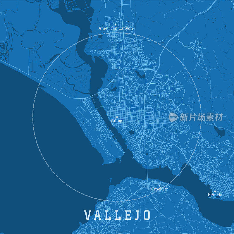 瓦列霍CA城市矢量道路地图蓝色文本