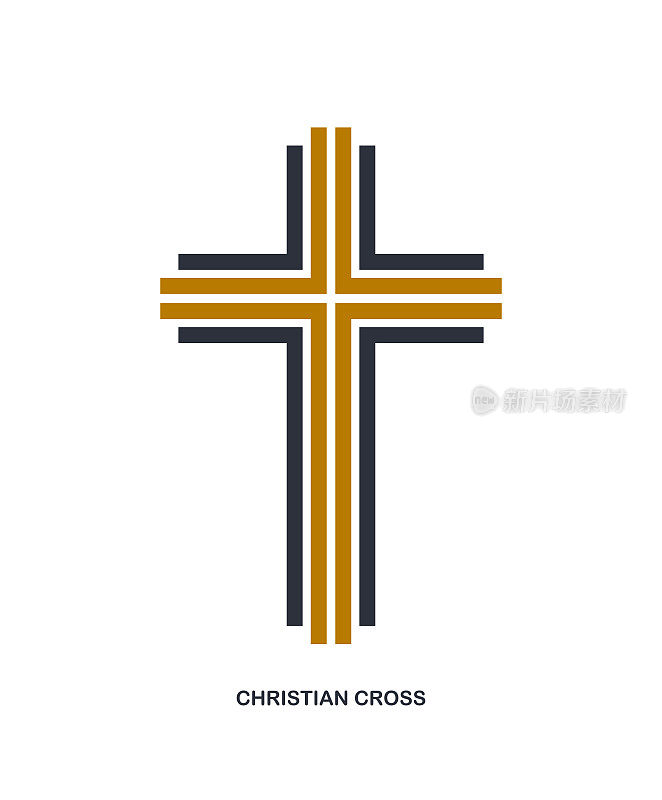 基督教十字现代线形风格矢量符号孤立于白色，信仰与信仰当代耶稣基督十字架符号的条纹图形设计。