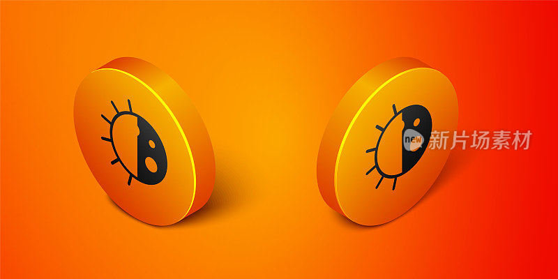 在橙色背景上隔离的等距昼夜循环图标。白天黑夜概念，太阳和月亮。橙色圆按钮。向量