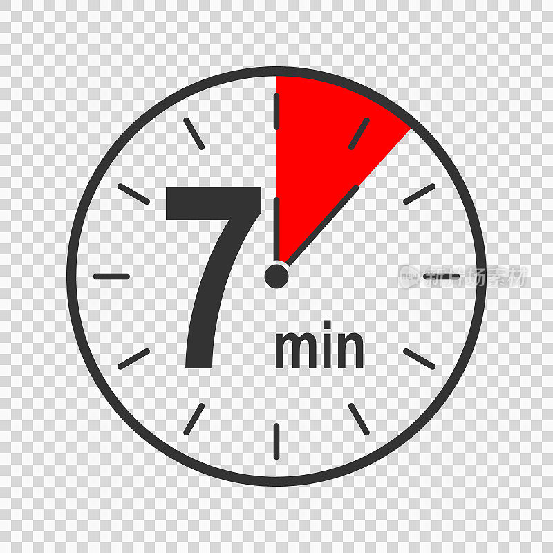 时钟图标与7分钟时间间隔。倒计时或秒表符号。用于烹饪或运动游戏的信息图形元素，隔离在透明的背景上