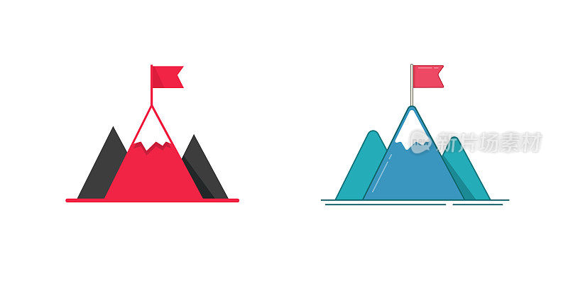 领导者的目标概念为高山成功挑战矢量或领导目标与高动力目标旗帜在顶峰标志想法平面卡通插图，事业成就或业务完成图标