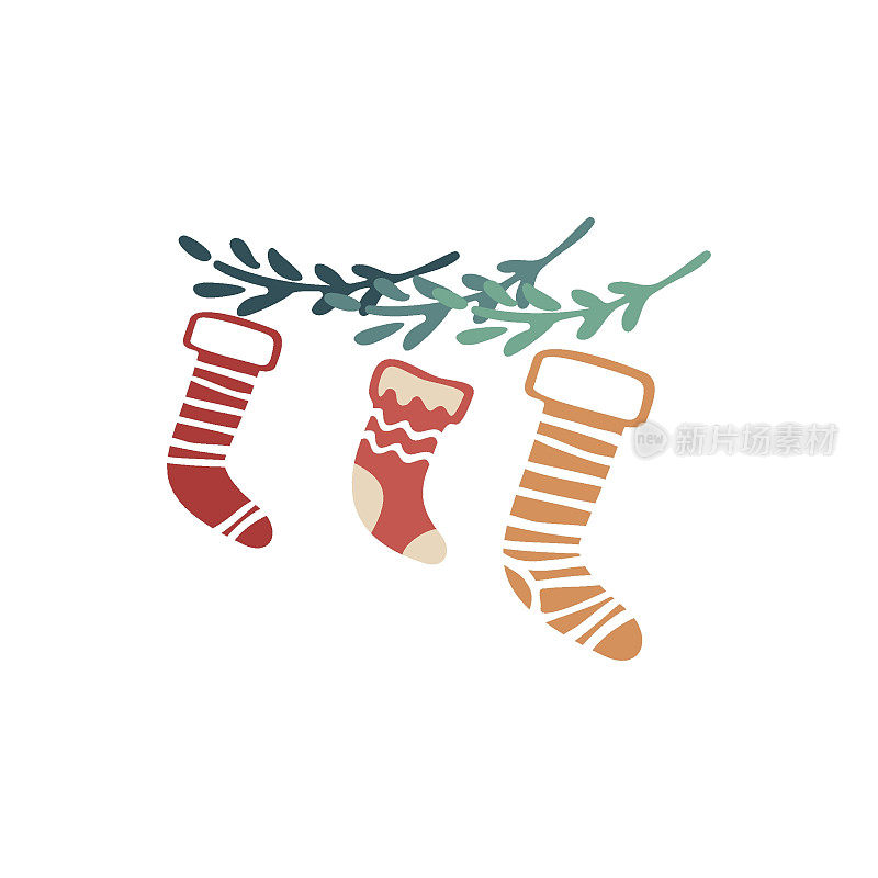 波西米亚冬季假日元素手绘风格。装饰圣诞向量。斯堪的纳维亚圣诞印花与圣诞袜在复古的颜色。贺卡，海报，邀请和婴儿印刷设计