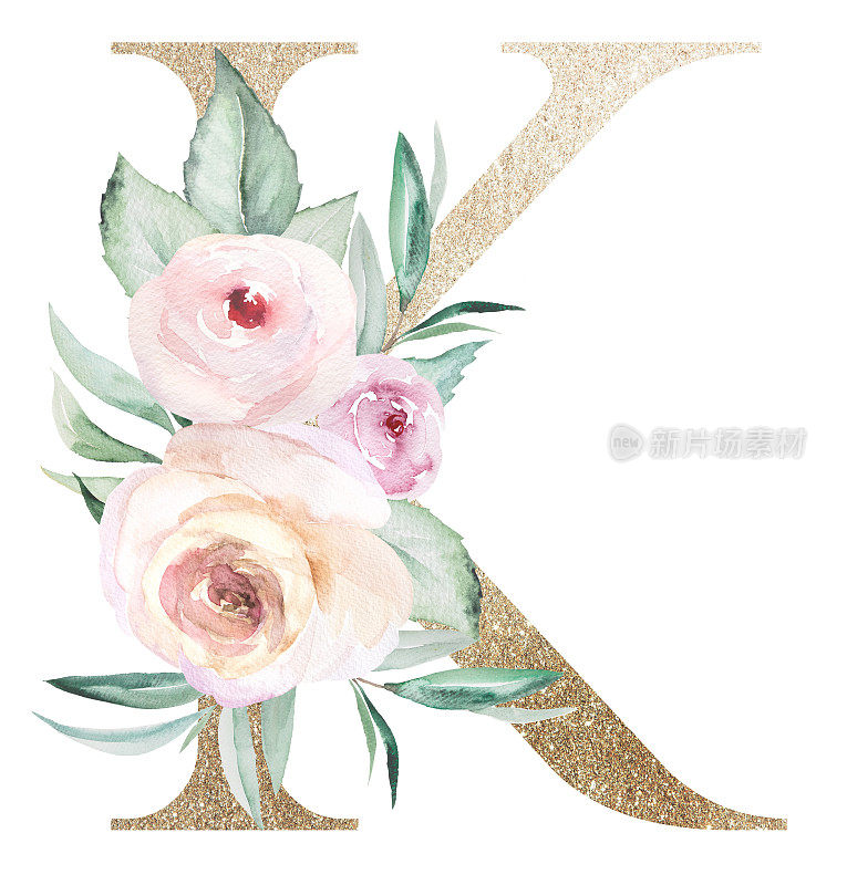 淡金色字母K与水彩玫瑰和叶子。粉彩花卉字母表