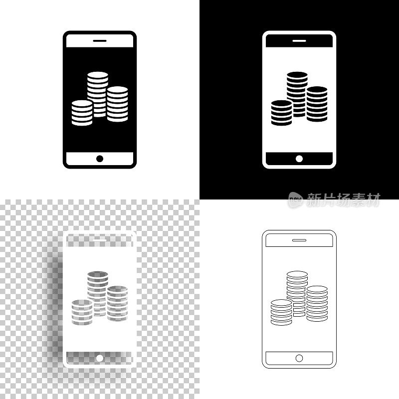 智能手机与堆栈的硬币。图标设计。空白，白色和黑色背景-线图标