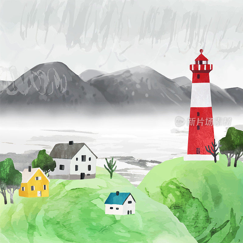斯堪的纳维亚矢量景观与村庄，灯塔，云，石崖。阴暗的天空。水彩旅行插图明信片，横幅，海报