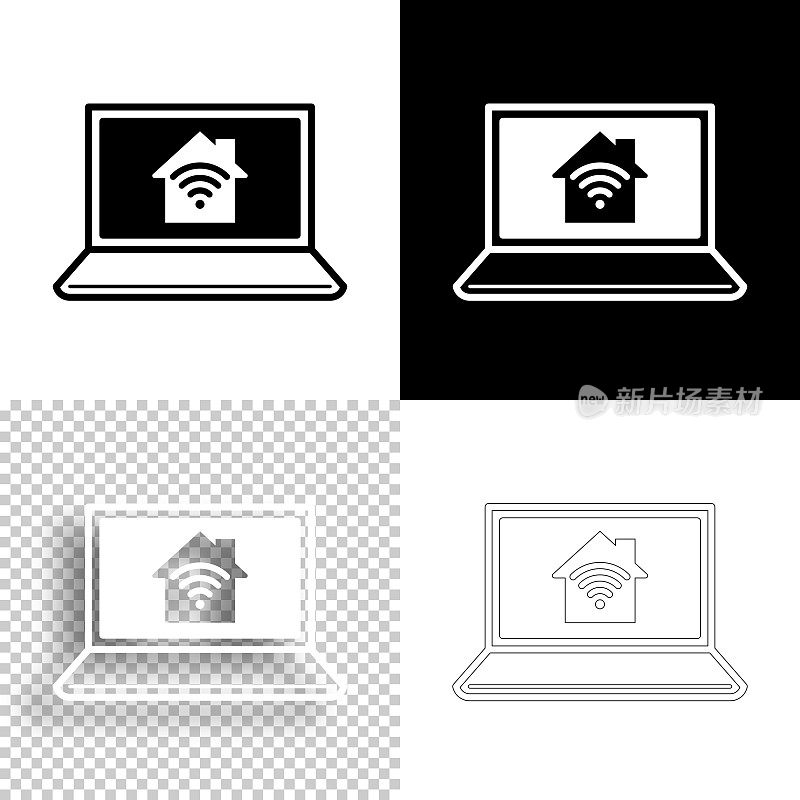 带智能家居的笔记本电脑。图标设计。空白,白色和黑色背景-线图标