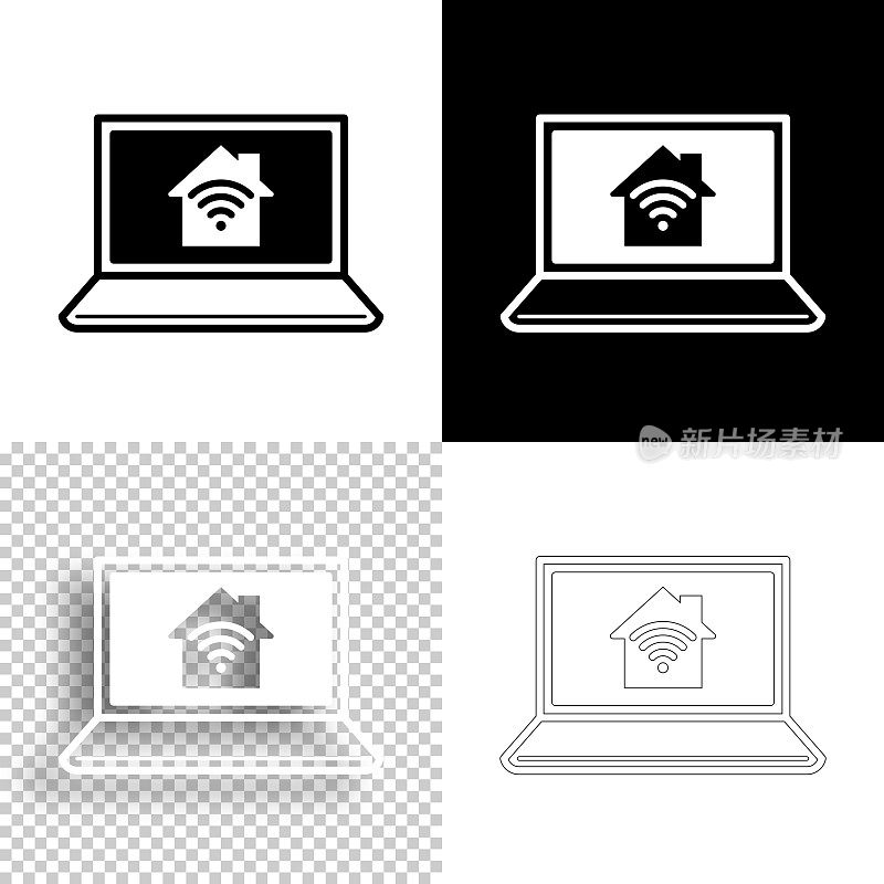 带智能家居的笔记本电脑。图标设计。空白，白色和黑色背景-线图标