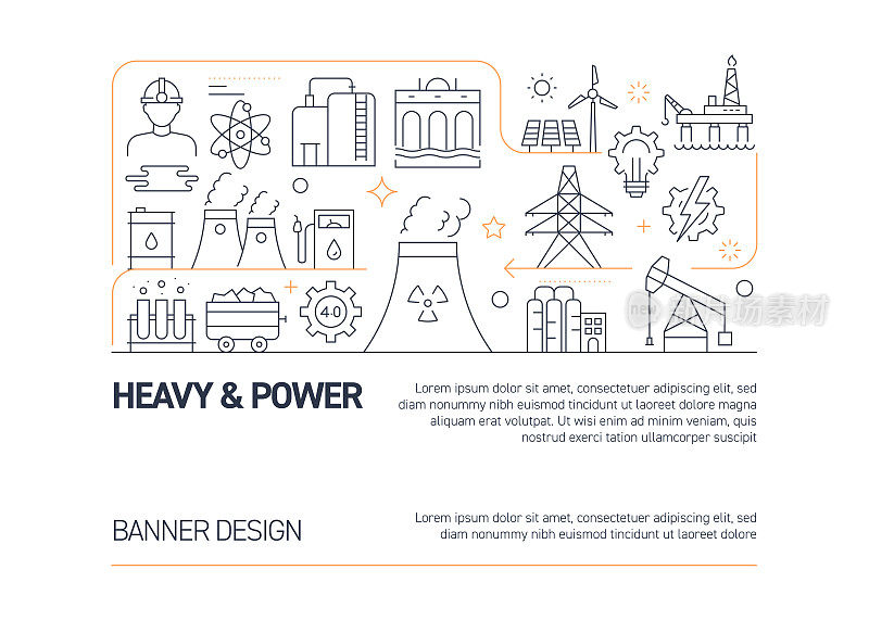 重型和电力行业相关的矢量横幅设计概念，现代线条风格与图标