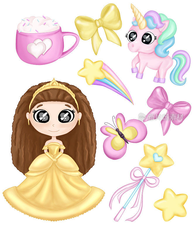 贴纸套装女孩公主，魔杖，独角兽，彩虹，星星，蝴蝶，蝴蝶结