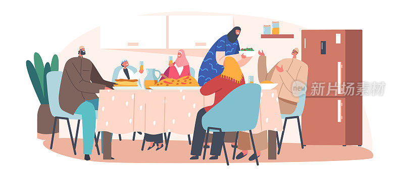 穆斯林节日庆典，节日晚餐。传统的阿拉伯家庭角色在餐桌上一起吃开斋饭