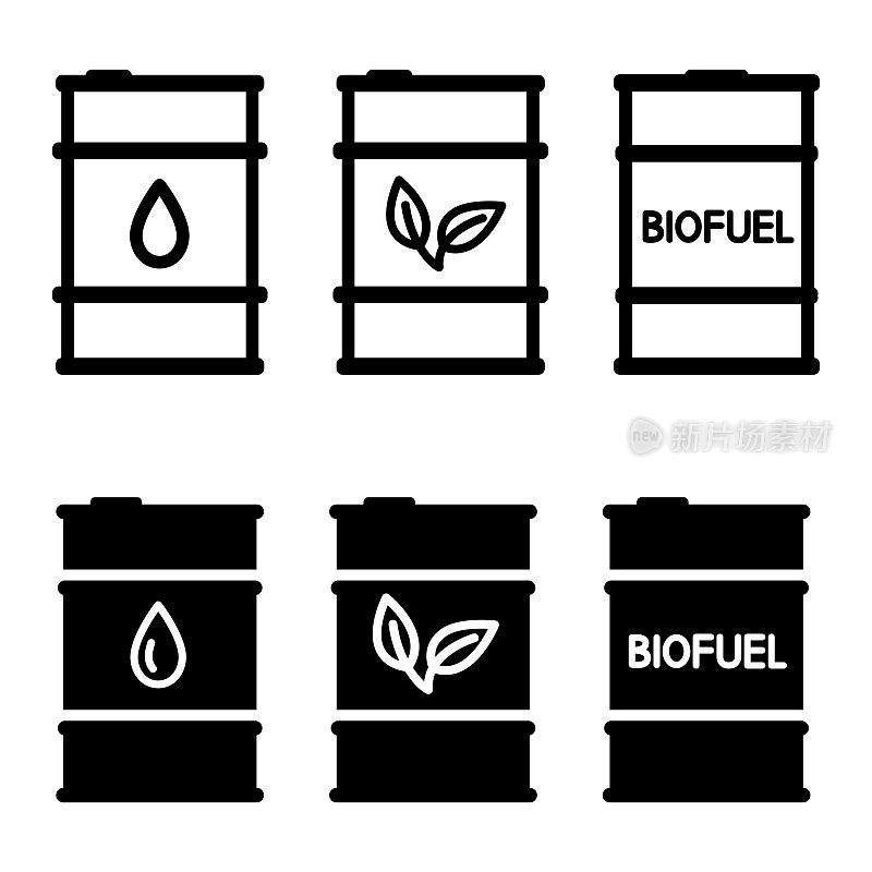 与生物燃料桶。生物质能的概念。一套桶与环保燃料。选择可持续的资源。可再生能源。