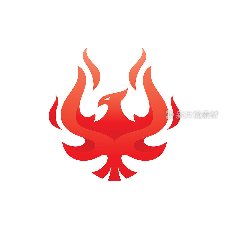 现代上升的凤凰，火鸟标志设计，鸟与火或火焰翅膀矢量图标与充满活力的红色梯度颜色