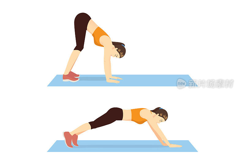 女性在运动垫子上做尺蠖姿势或步出运动。关于锻炼图表的说明，目标是腹肌、臀部和下背部。