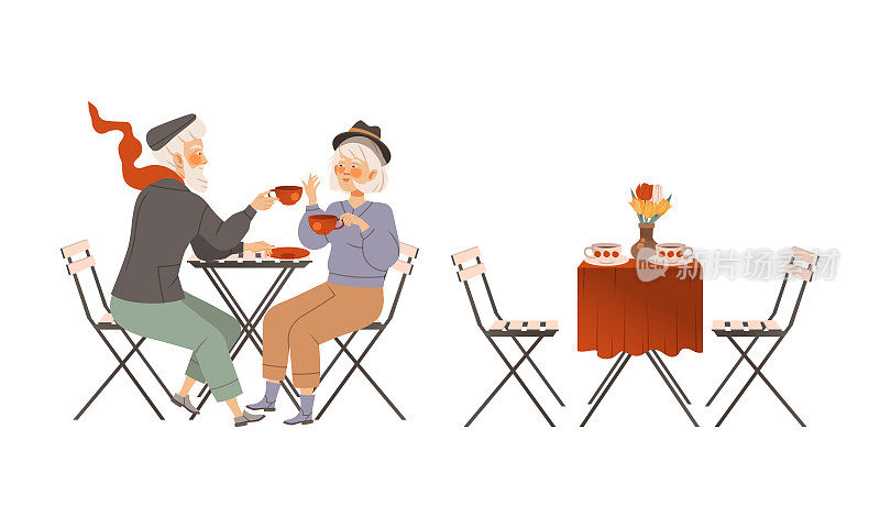 高级男女角色坐在桌子上在街头咖啡馆或餐厅聊天和喝咖啡向量集