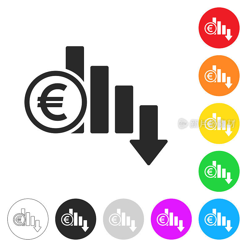 欧元汇率下降。彩色按钮上的图标