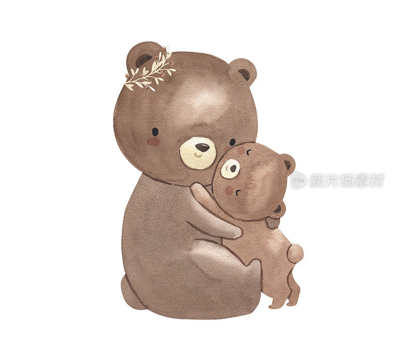 水彩熊妈妈和婴儿插图的孩子