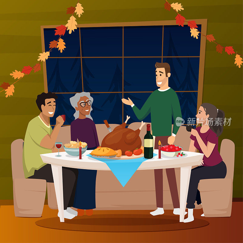 圣诞节和感恩节的节日贺卡与多元化的家庭庆祝感恩节火鸡在桌子上。向量平面设计家庭假日周末插图海报，卡片，横幅