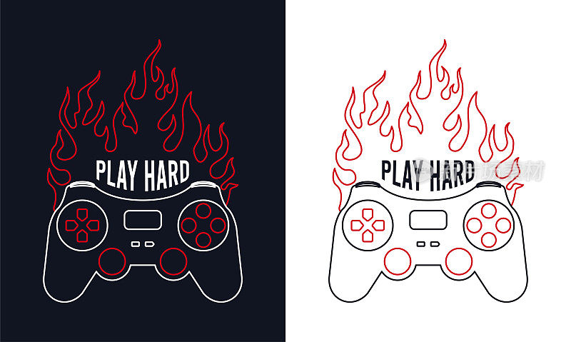 燃烧的游戏手柄或操纵杆上写着t恤设计的标语。t恤排版图形与游戏手柄在火。打印电子游戏概念。向量。