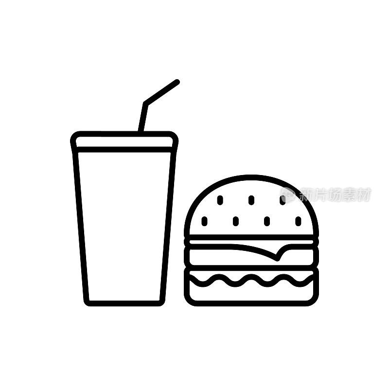 快餐垃圾食品汉堡包可乐轮廓象形图。外卖午餐冷饮苏打饮料三明治扁平标志。喝汉堡黑线图标。不健康的零食餐标志。孤立的矢量图