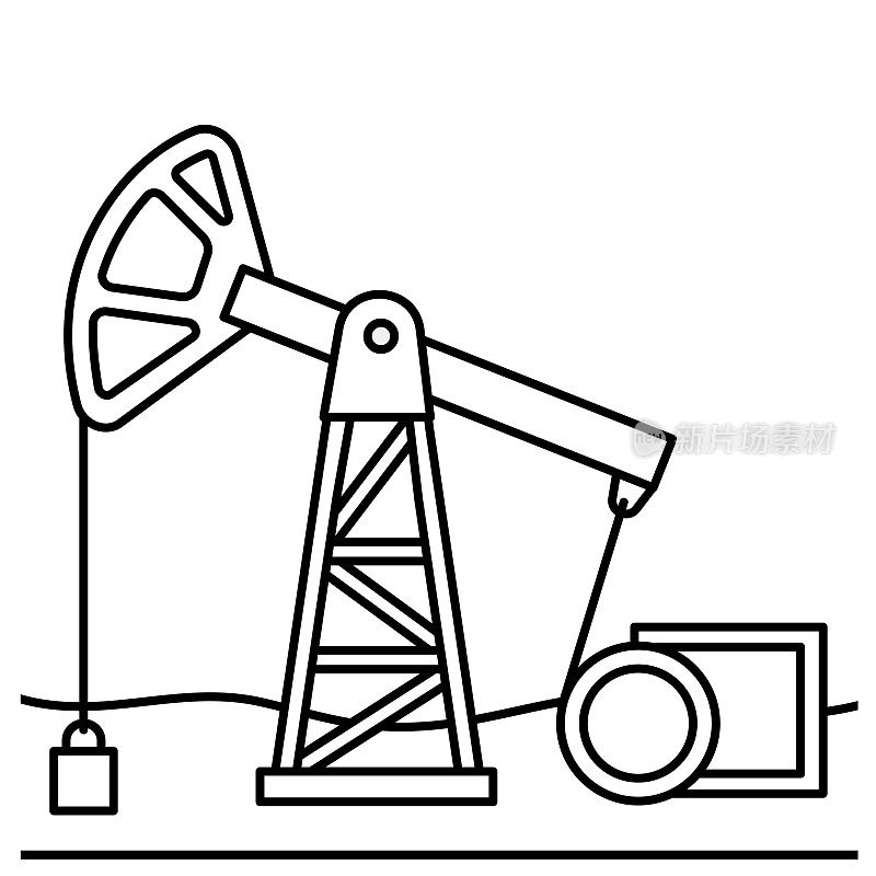 沙漠里的石油生产，石油钻塔。矢量线艺术插图
