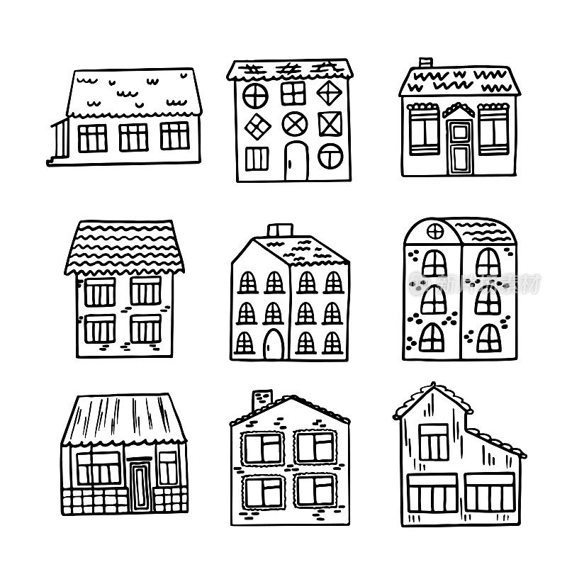 一组可爱的房子孤立在白色的背景。手绘草图的涂鸦风格。矢量图像，剪贴画，可编辑的细节。用来放涂色书的房子。