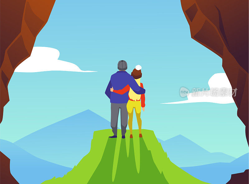 男人和女人夫妇拥抱在山顶或悬崖上，看自然景观，平面矢量插图。