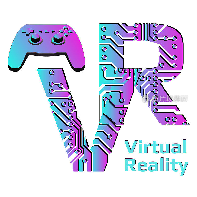 彩色字母VR的缩写虚拟现实穿孔与PCB电路板轨道和游戏手柄操纵杆隔离在白色背景。