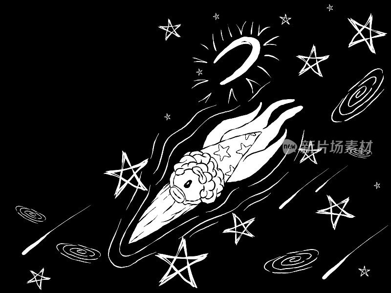 手绘有趣的黑白涂鸦儿童插图-神奇的人在太空中飞行。