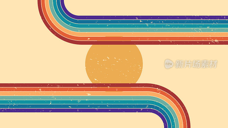 矢量插图。抽象的背景颜色。当代现代艺术风格。五彩缤纷的彩虹。难看的东西挠纹理。全景墙纸。晴朗的天空，有太阳。几何线条。50年代,70年代的图形