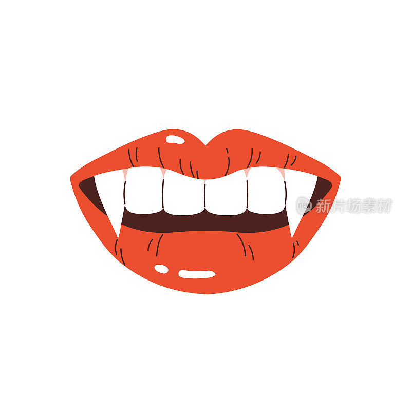 长着尖牙的吸血鬼嘴唇。女人的嘴，有鲜红的嘴唇和又长又尖的牙齿。吸血鬼的审美。万圣节元素。矢量插图在卡通风格。白色背景隔离