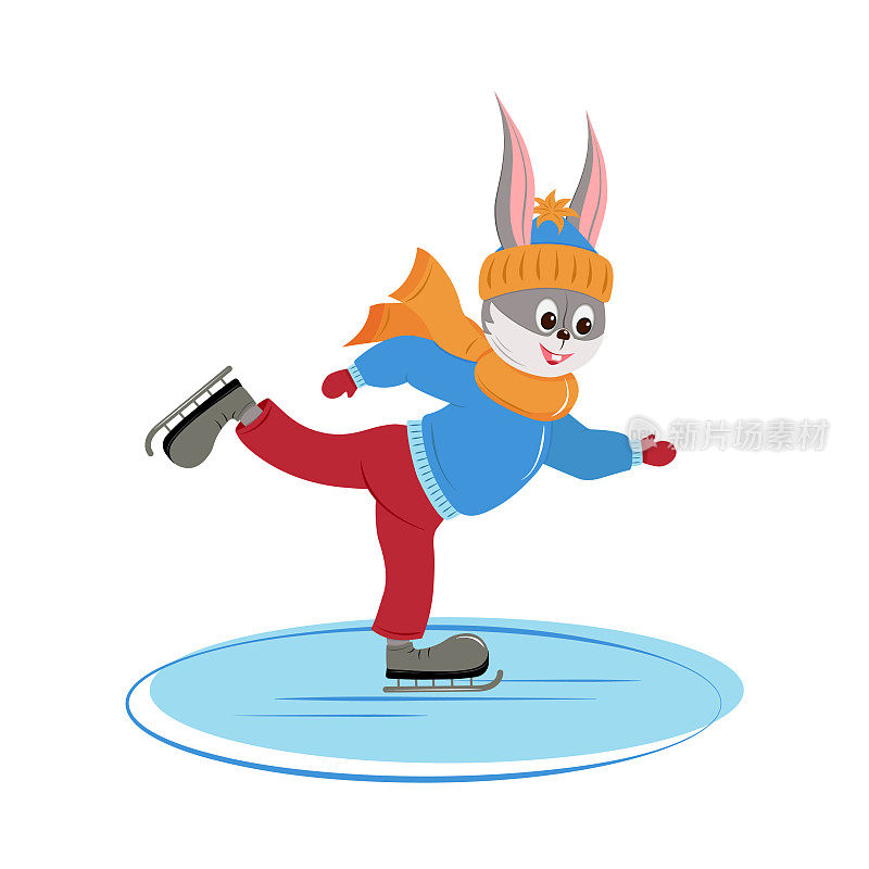 穿着溜冰鞋的快乐兔子。兔子在冰上滑冰。2023年的象征。用于海报、日历、贴纸、传单、横幅、t恤。