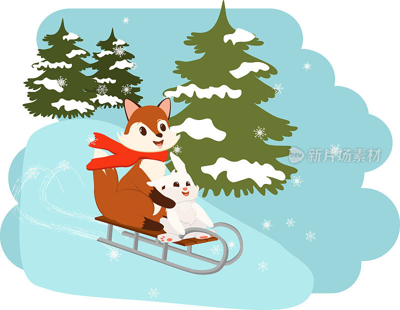 一只狐狸和一只兔子坐在雪橇上从雪山上滚下来