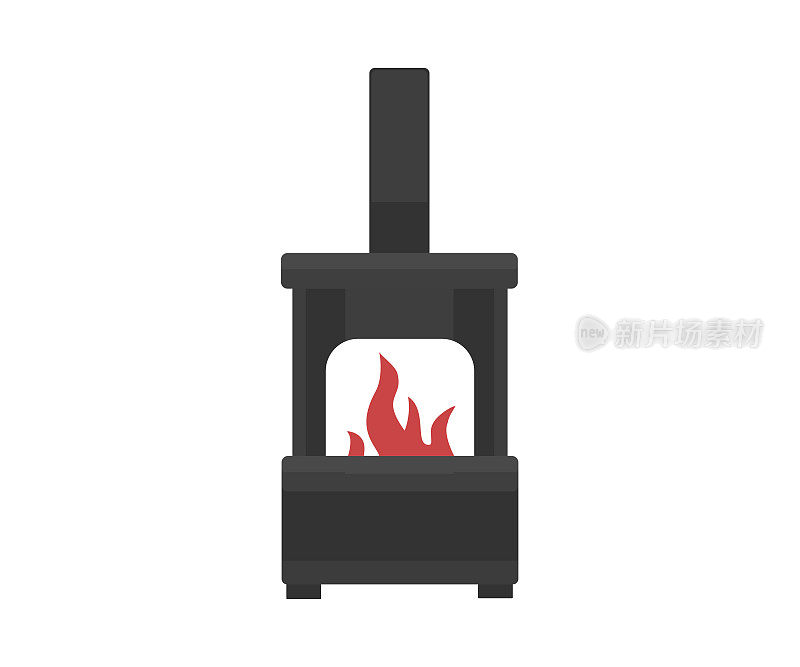 为公寓供暖的铁炉。带烟囱的老火炉，观景窗带火焰的古董铸铁火炉，加上柴火容器矢量设计和插画。