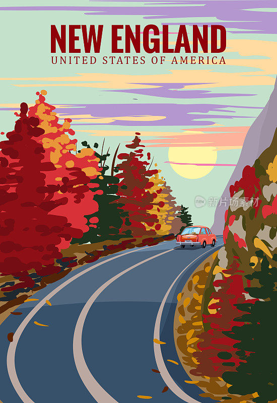 新英格兰旅游复古海报，秋路，车。复古的插图