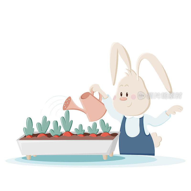 可爱的兔子正在给花盆里的胡萝卜浇水。园艺和农业。圣诞节，新年和复活节彩色矢量插图。卡通风格的兔子集合。幽默