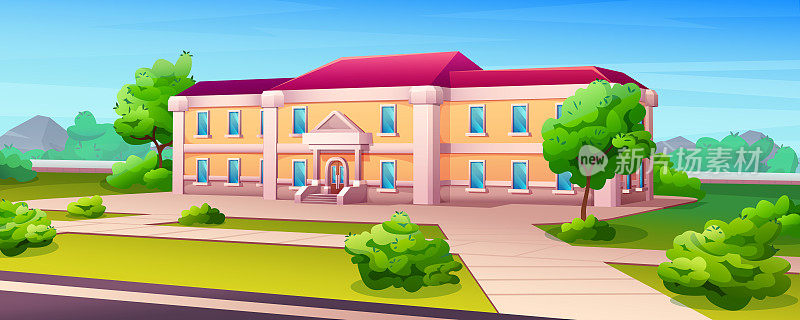 卡通教育建筑外观的学院，学校或大学校园
