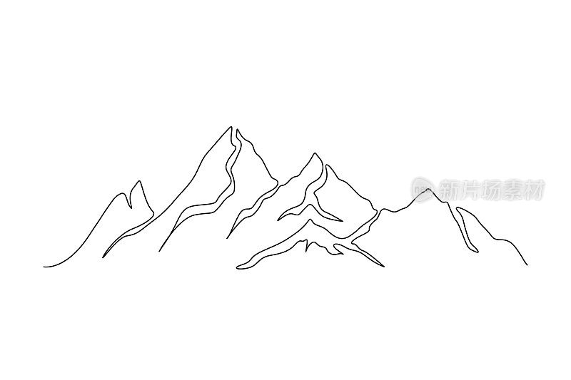 连续的单线山景图。线条简洁的山地景观设计。高坐骑高峰线形画矢量设计。探险、冬季运动、徒步旅行和旅游概念。