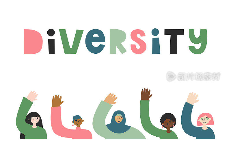 五个不同种族和宗教信仰的女人一起举手。女孩的力量，多元化，包容，平等和权利的概念。国际妇女节平面矢量插图和刻字套装。