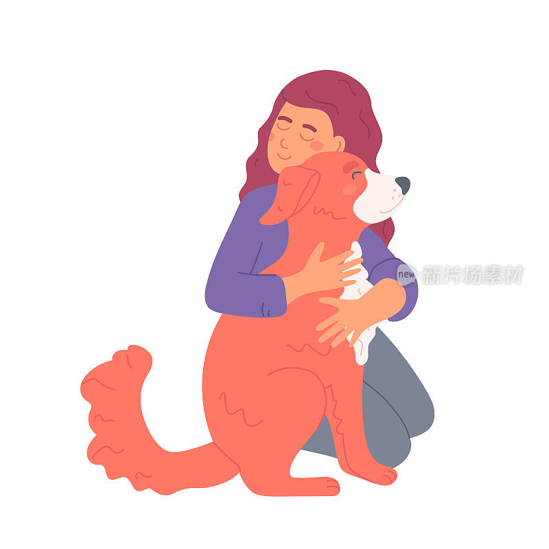 年轻女子坐在她的膝盖上，抱着她的狗。可爱的女孩抱着她的宠物。矢量平面插图上的白色背景
