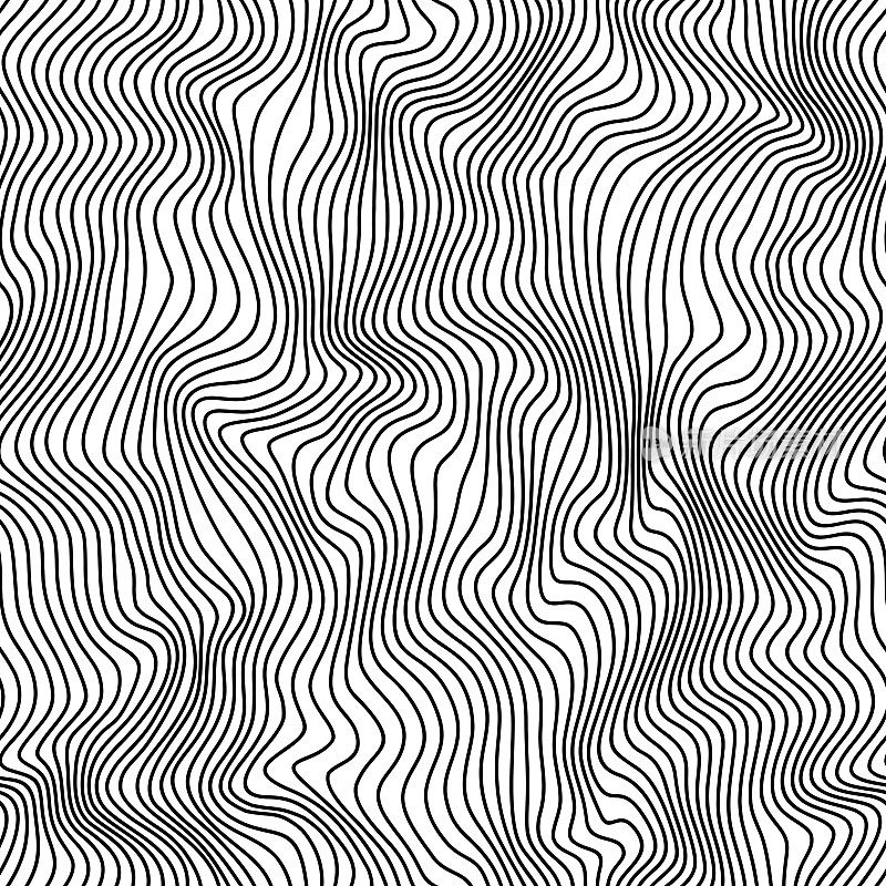 波浪密集的线条白色图案，弯曲的曲线背景。扭曲条纹，无缝云纹纹理。抽象欧普艺术错觉波。动态条形波纹表面。矢量抽象壁纸