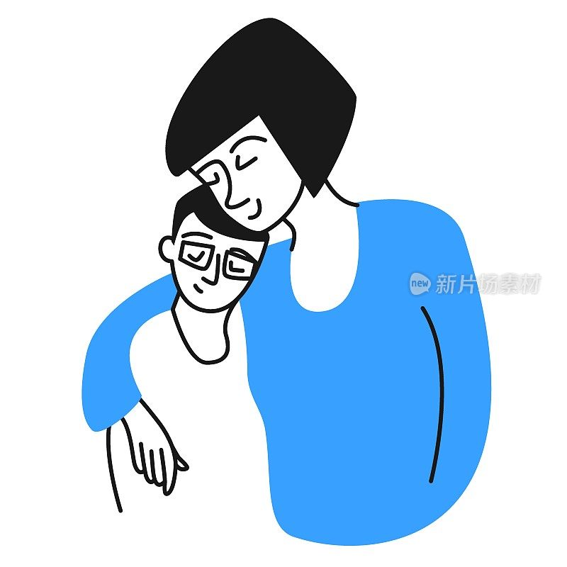 微笑的女人安慰男孩。母亲用手臂搂着儿子平面矢量插图