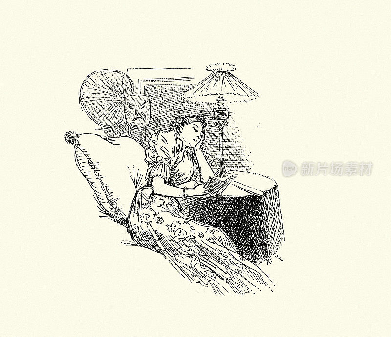 年轻女子在看书，19世纪19世纪90年代维多利亚时代晚期
