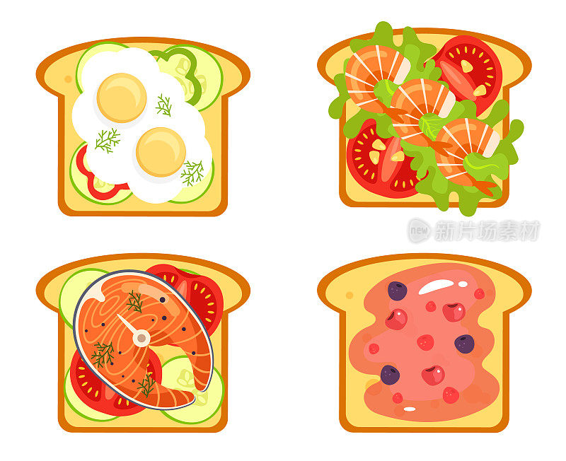 面包烤三明治与不同的食材单独设置。健康的早餐。矢量设计图解